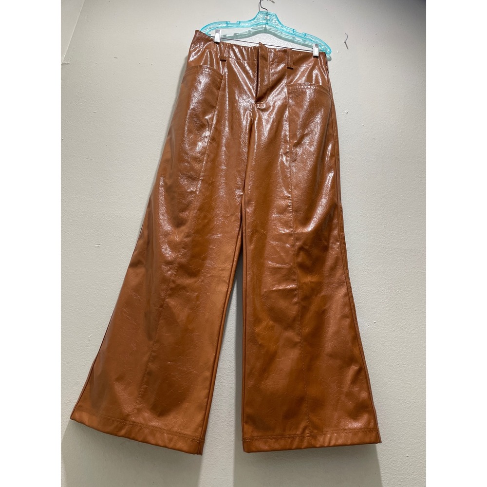 Free People Star Crossed Lovers Vegan Leather Pants 12 Wide Leg Cognac Brown - Picture 2 of 10